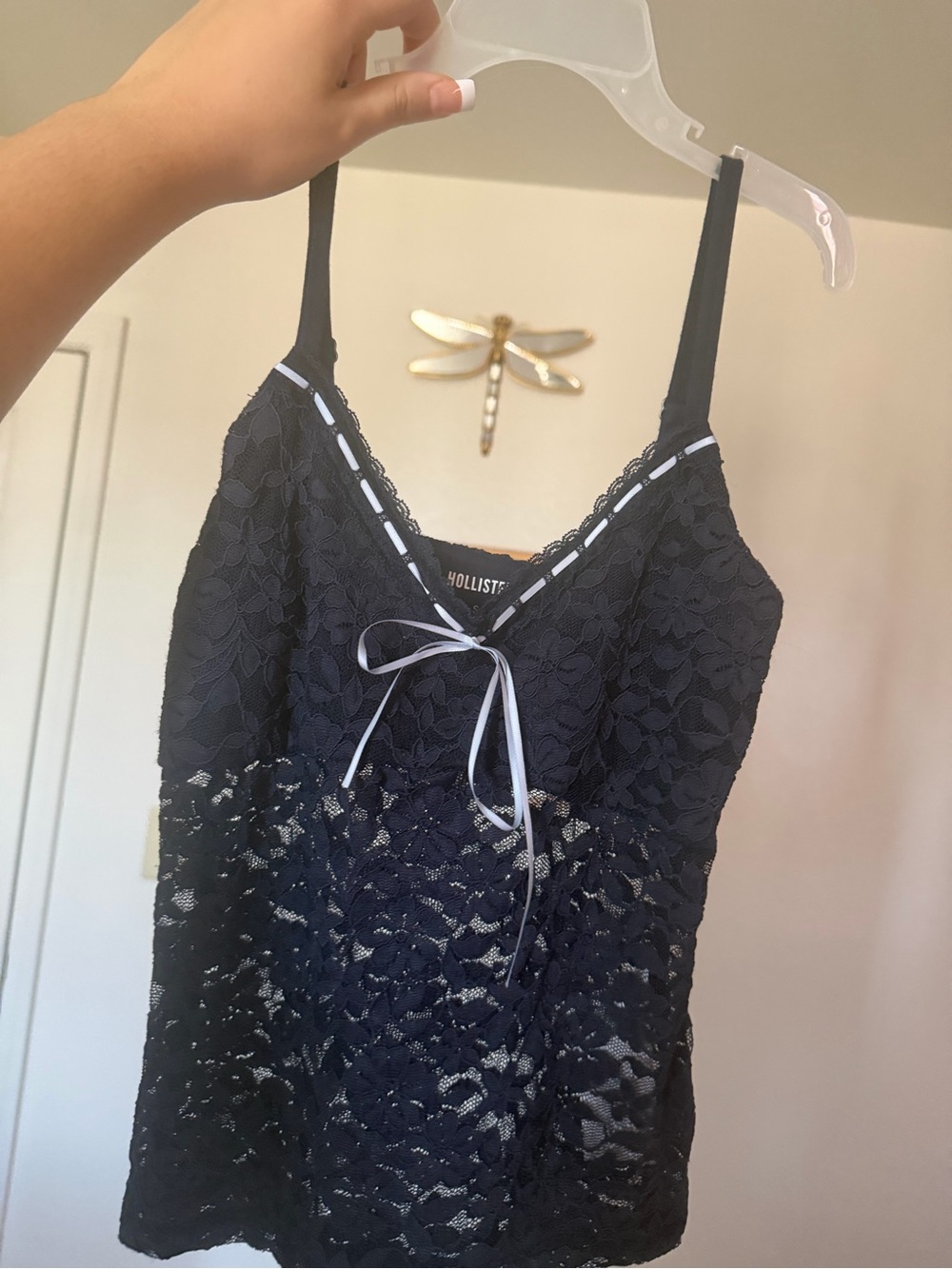 Hollister Navy Blue Floral Lace Cami with White Ribbon